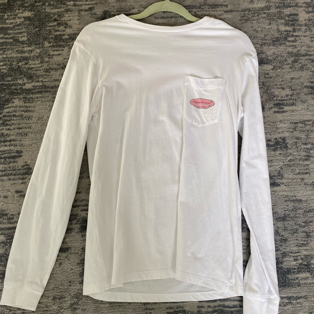 Vineyard Vines White Long Sleeve Shirt with Pink Logo
